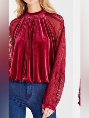Free People Burgundy Velvet & Lace High-Neck Blouse. New.